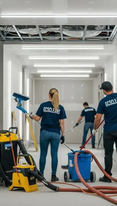 A commercial post construction cleaning services Lexington SC cleaning team working in a newly built or renovated space, clearing construction debris