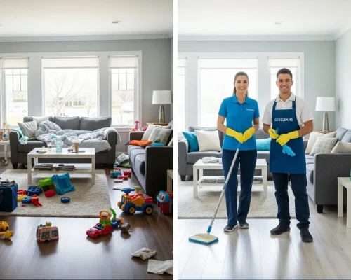 Before and after Lexington house cleaning service work images showing a messy room transformed into a clean one