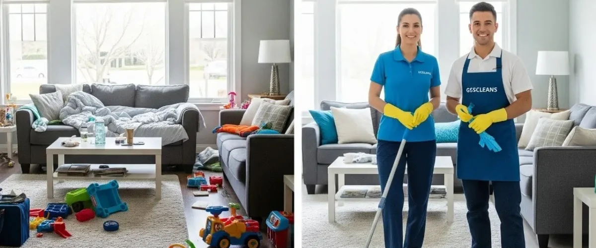 Before and after Lexington house cleaning service work images showing a messy room transformed into a clean one